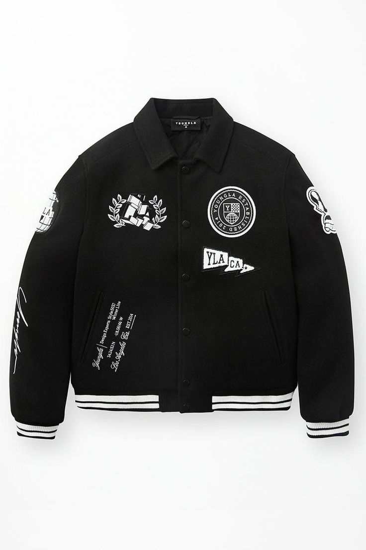 YOUNGLA Varsity Letterman Jacket – Black White Patch